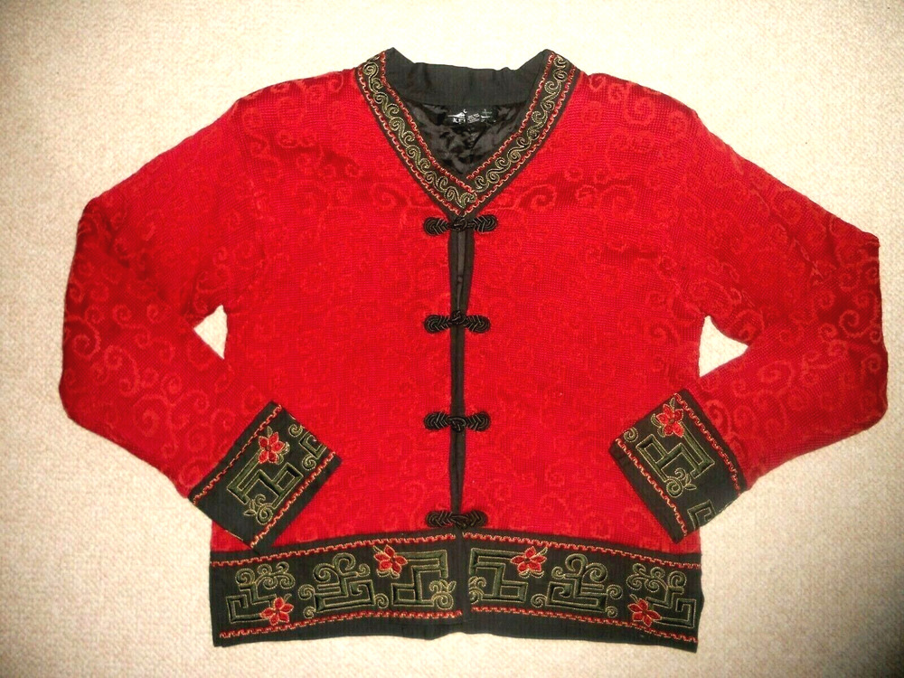 VINTAGE Womens Sweater/Jacket-ICELANDIC DESIGN-red/black Oriental frogs lined-M